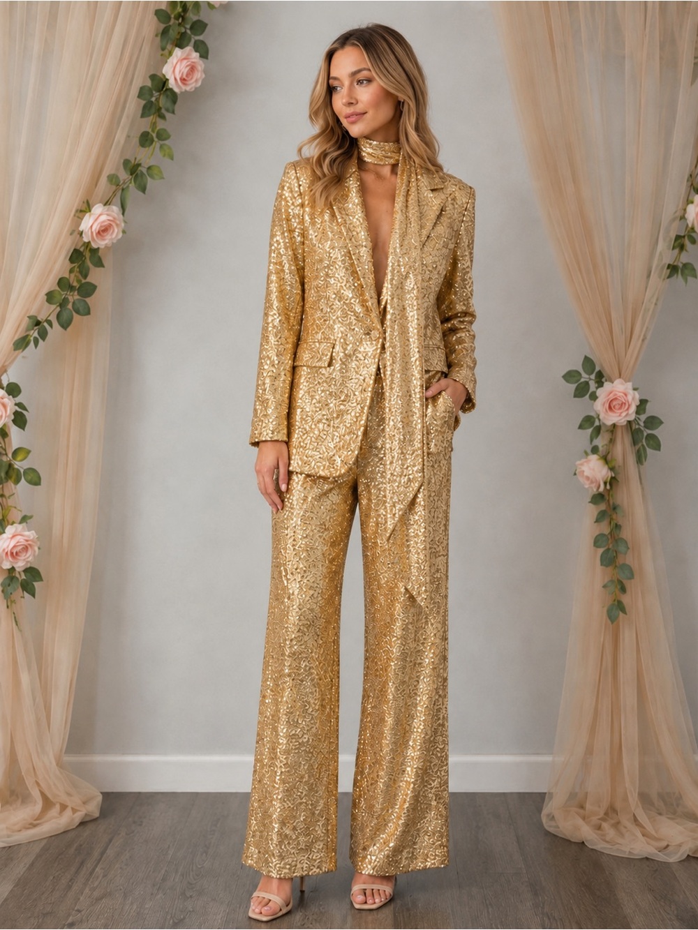 NWT XL Gold Sequin Pantsuit Set Blazer Wide Leg Pants w/ Neck Tie